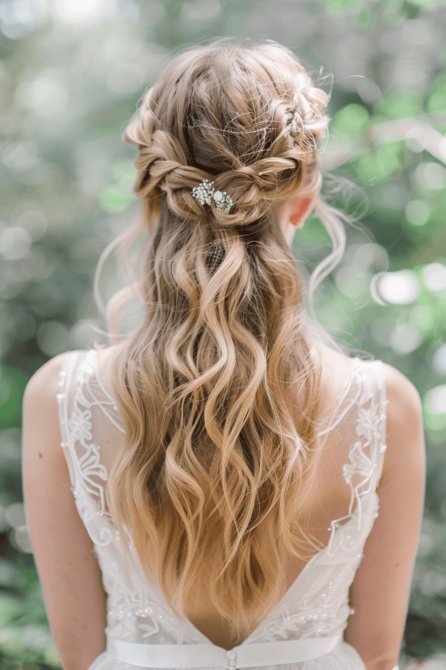 Half-up bridal hairstyle for long hair, soft waves and natural volume