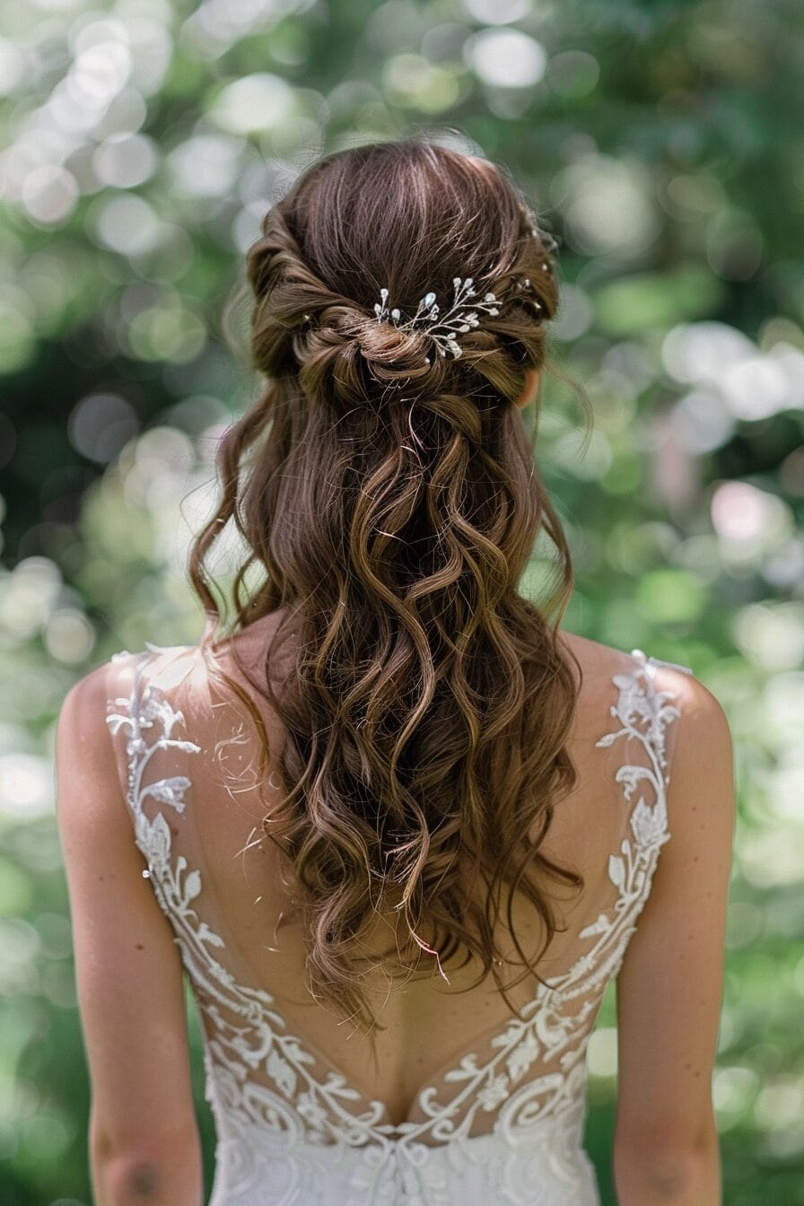 Half-Up Wellen Brautfrisur für eckige Gesichtsform, romantisch und natürlich