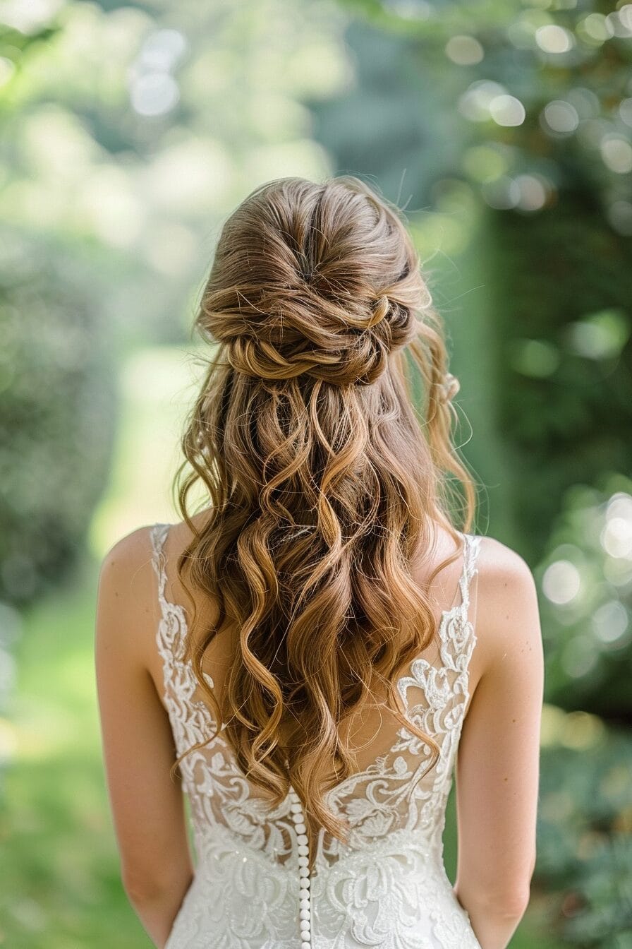 Half-Up Half-Down Brautfrisur für eckige Gesichtsform, Volumen und Balance