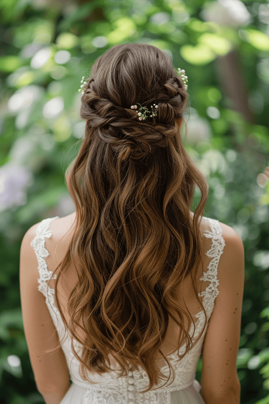 Half-up half-down bridal hairstyle for straight hair, soft romantic waves