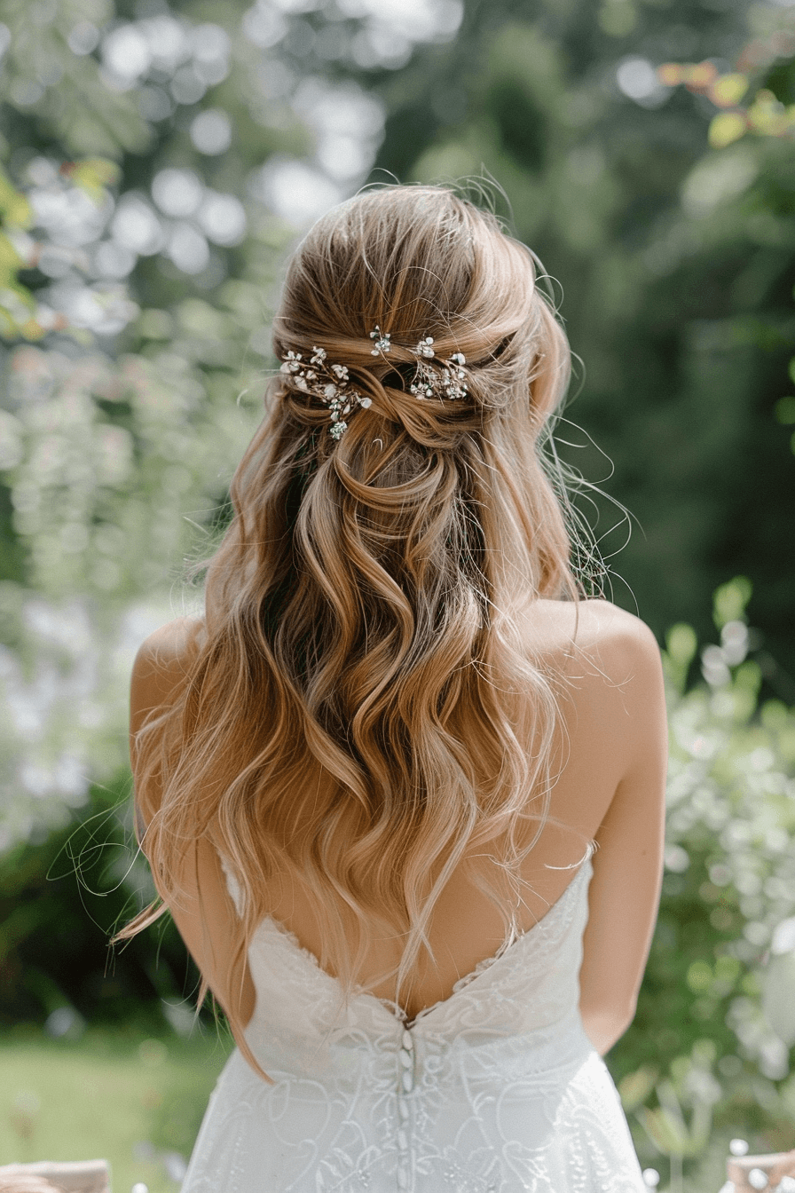 Layered straight bridal hairstyle for thin fine hair, natural fullness effect