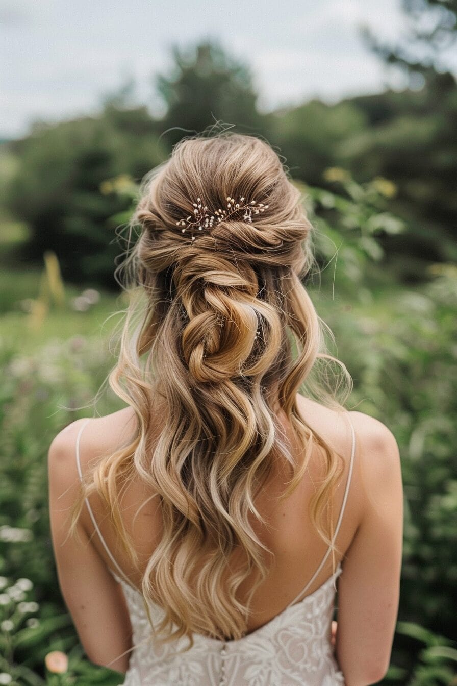 Half-Up Brautfrisur für Dreiecksform, sanfte Wellen und Volumen am Oberkopf