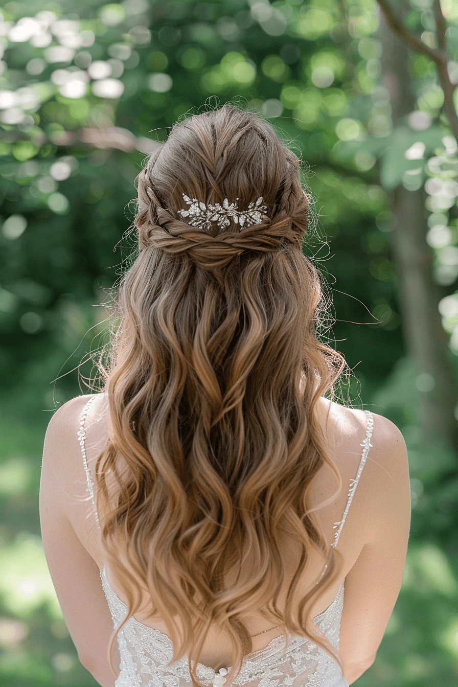 Half-up half-down bridal hairstyle for wavy hair, soft waves back view