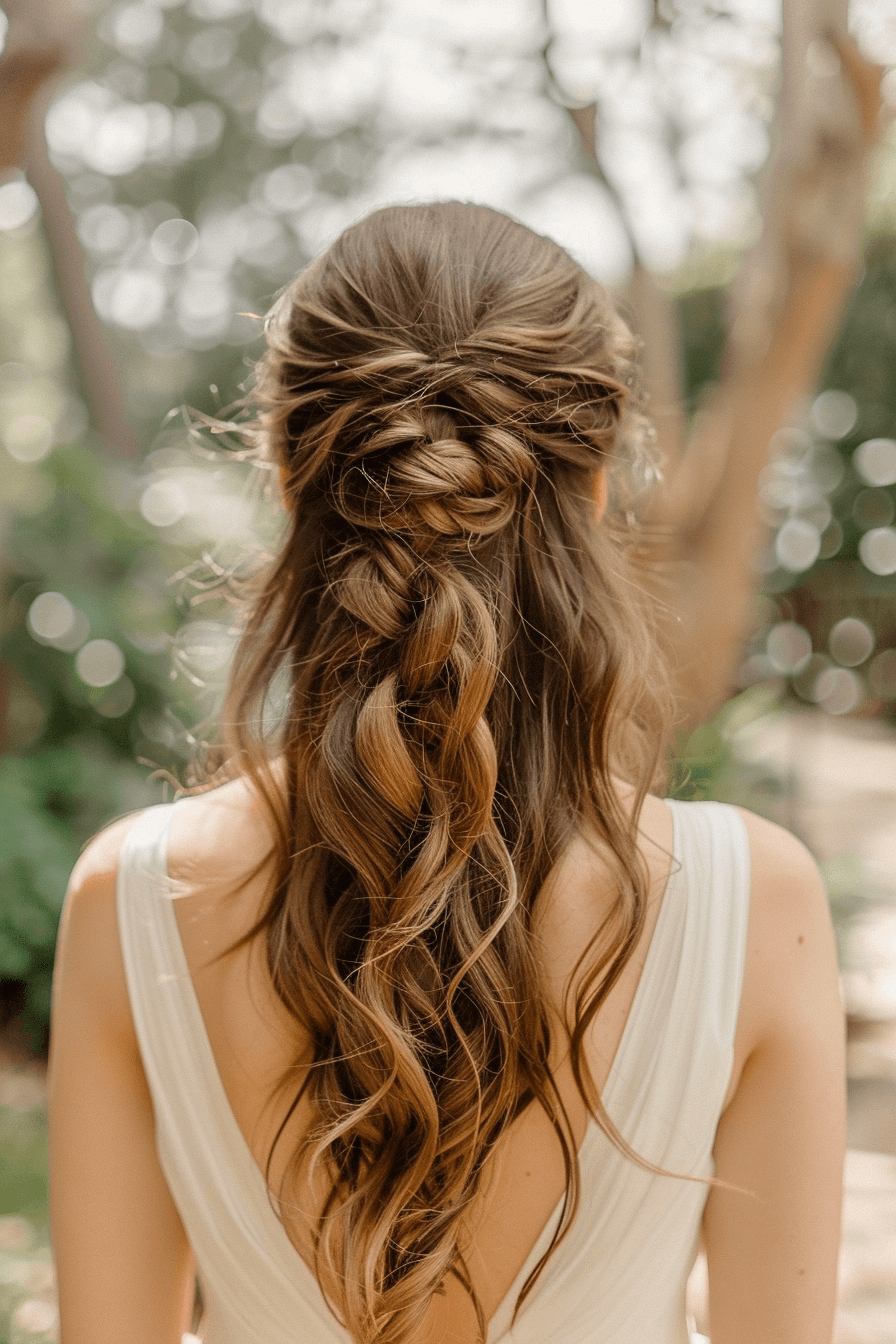 Half-up wedding guest hairstyle with soft waves, romantic and effortless