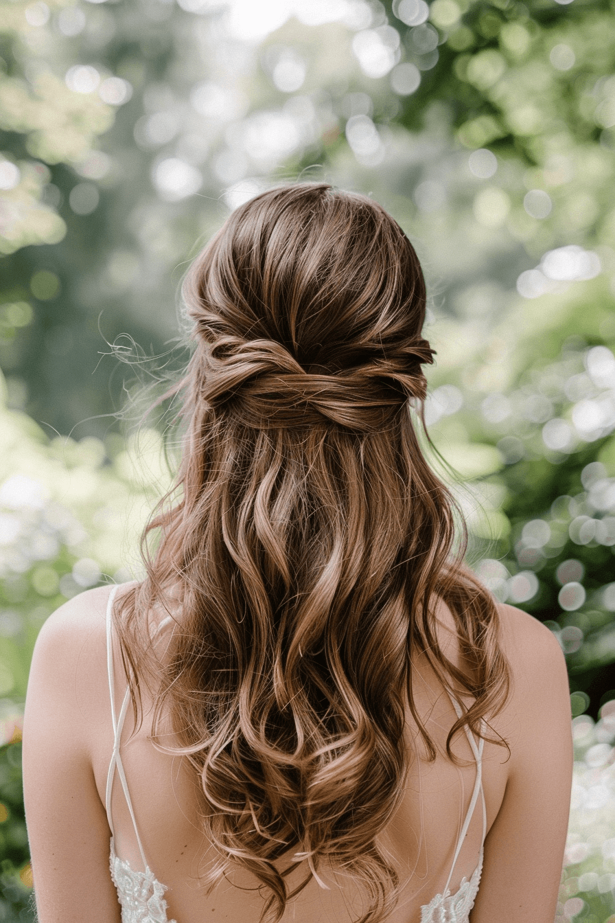 Half-up half-down wedding guest hairstyle, soft waves and volume