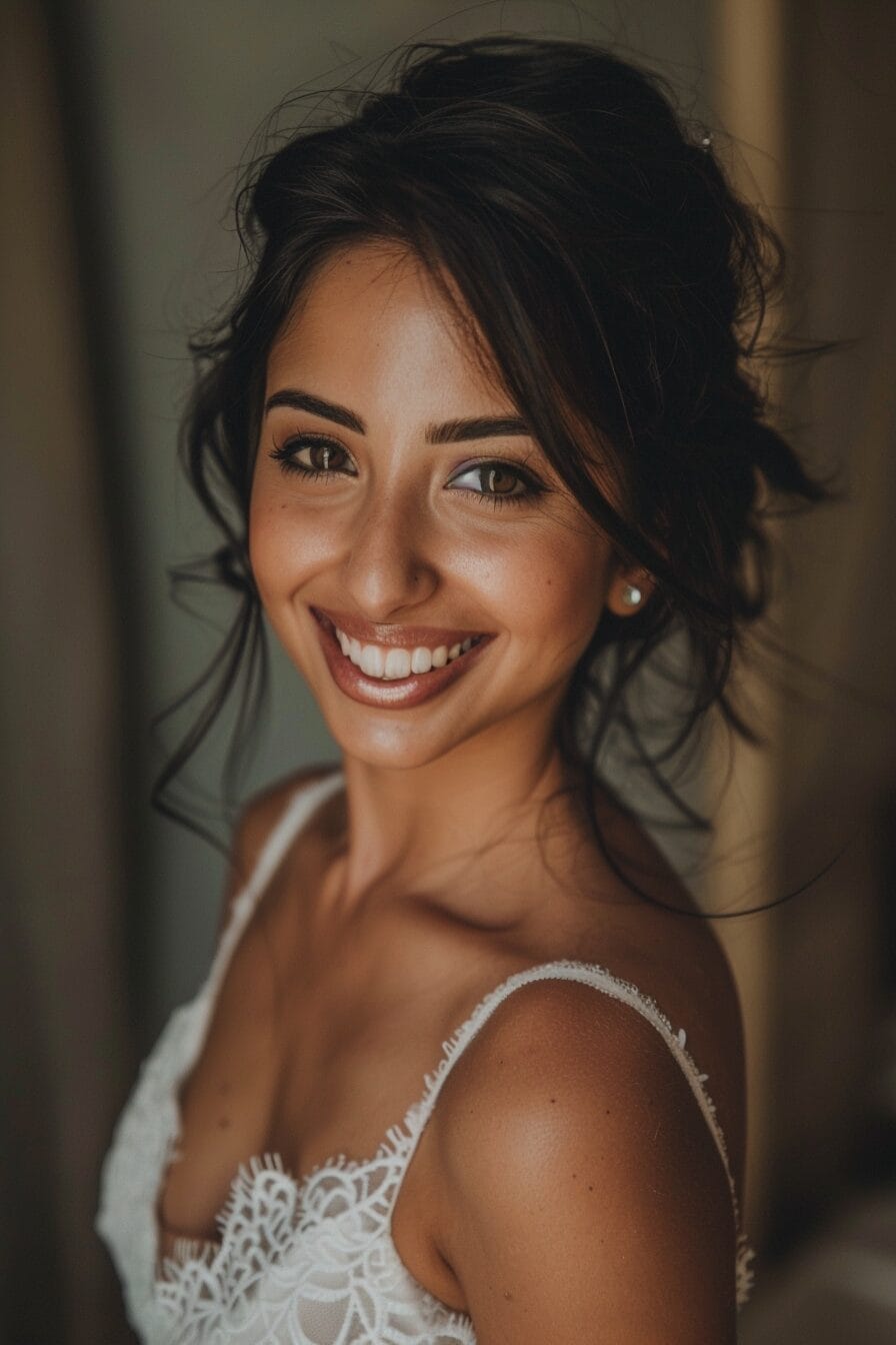 Bridal hairstyle for heart face shape, balancing wider forehead and narrow chin