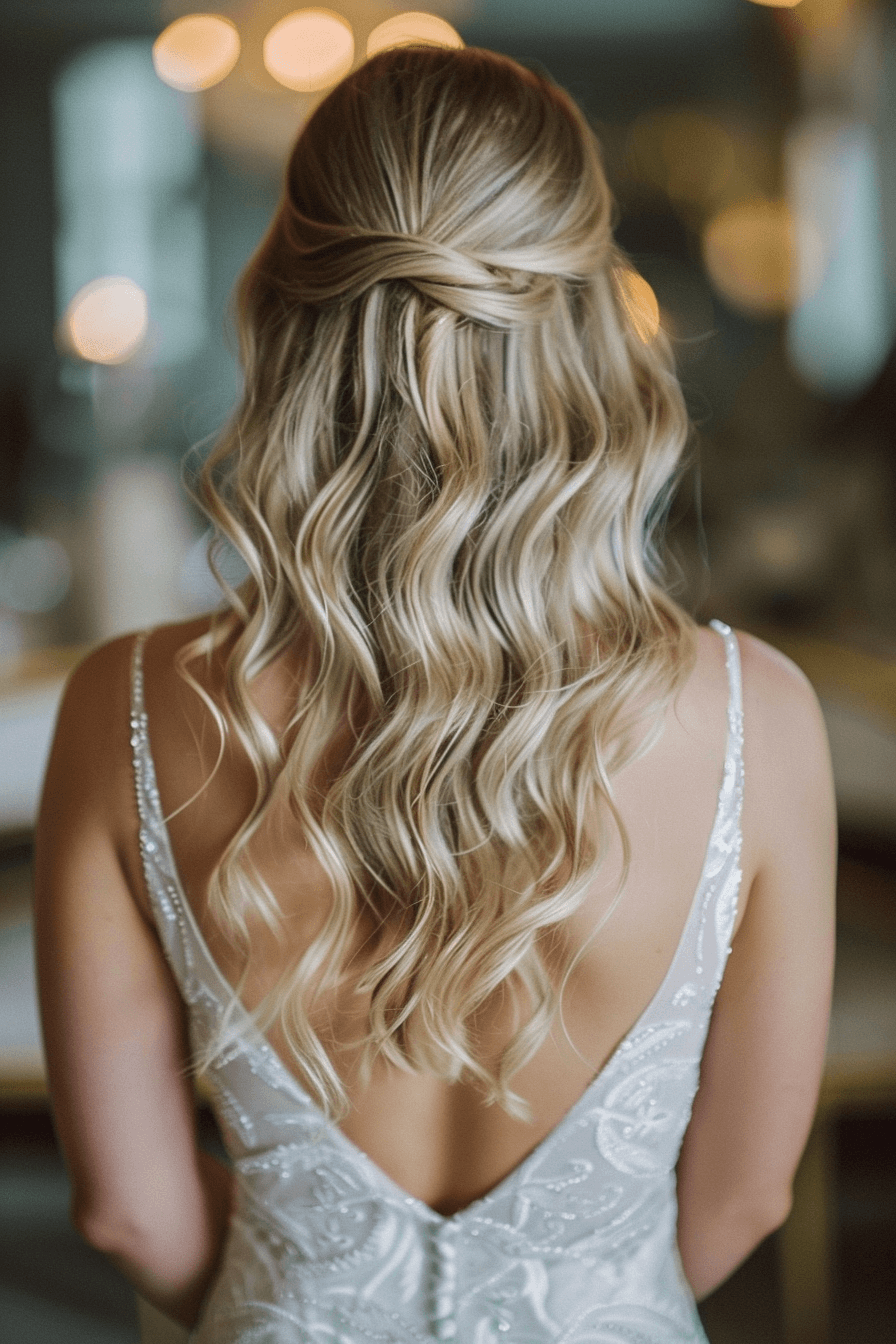 Soft Hollywood waves bridal hairstyle for long hair, natural shine and movement