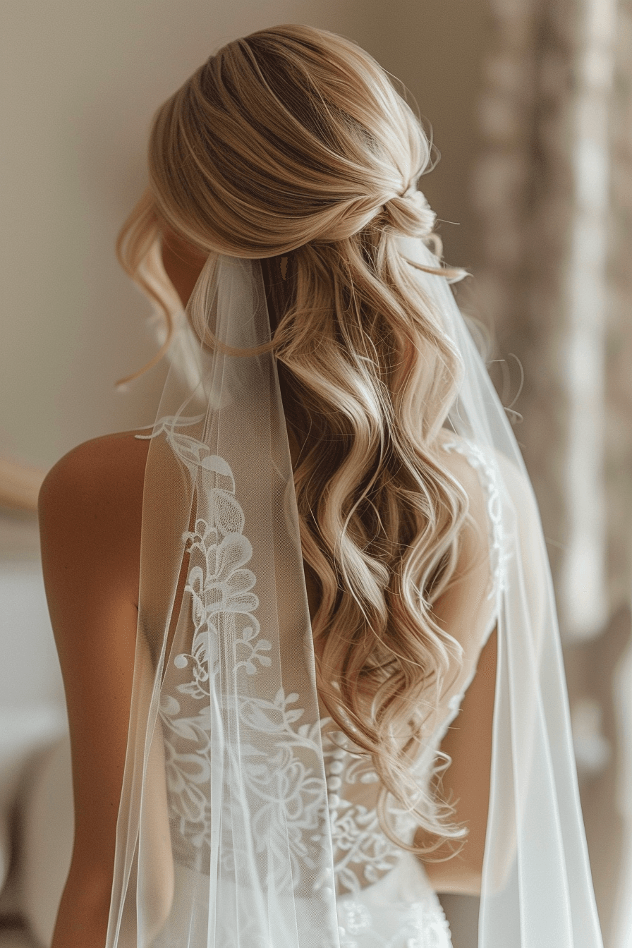 Hollywood waves bridal hairstyle for long hair with veil, glamorous and soft
