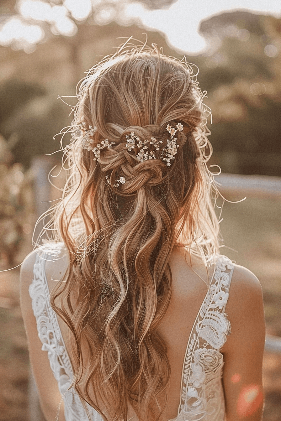 Loose boho wavy bridal hairstyle, natural soft waves for outdoor wedding