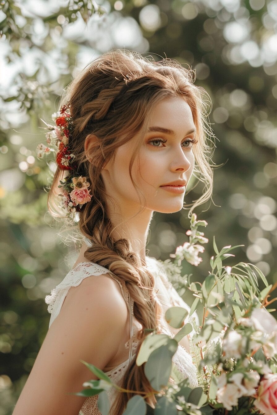 Locker geflochtene Brautfrisur für eckige Gesichtsform, weich und beweglich