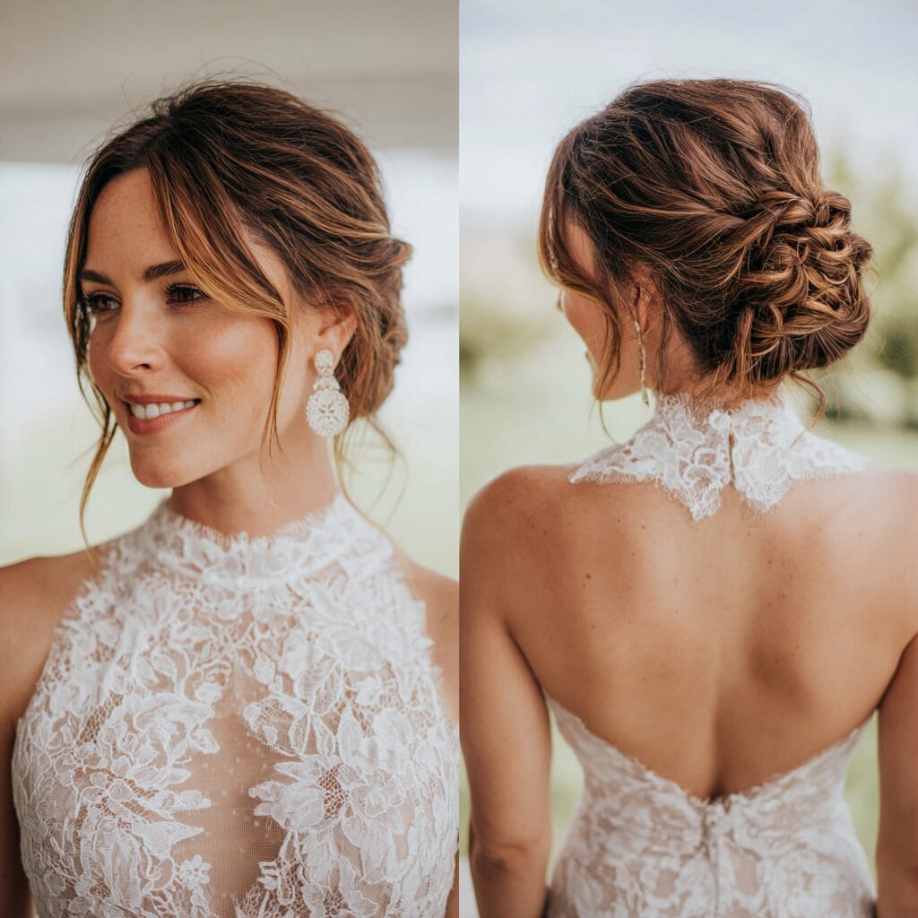 Twisted low bun bridal hairstyle, secure and durable for outdoor wedding conditions