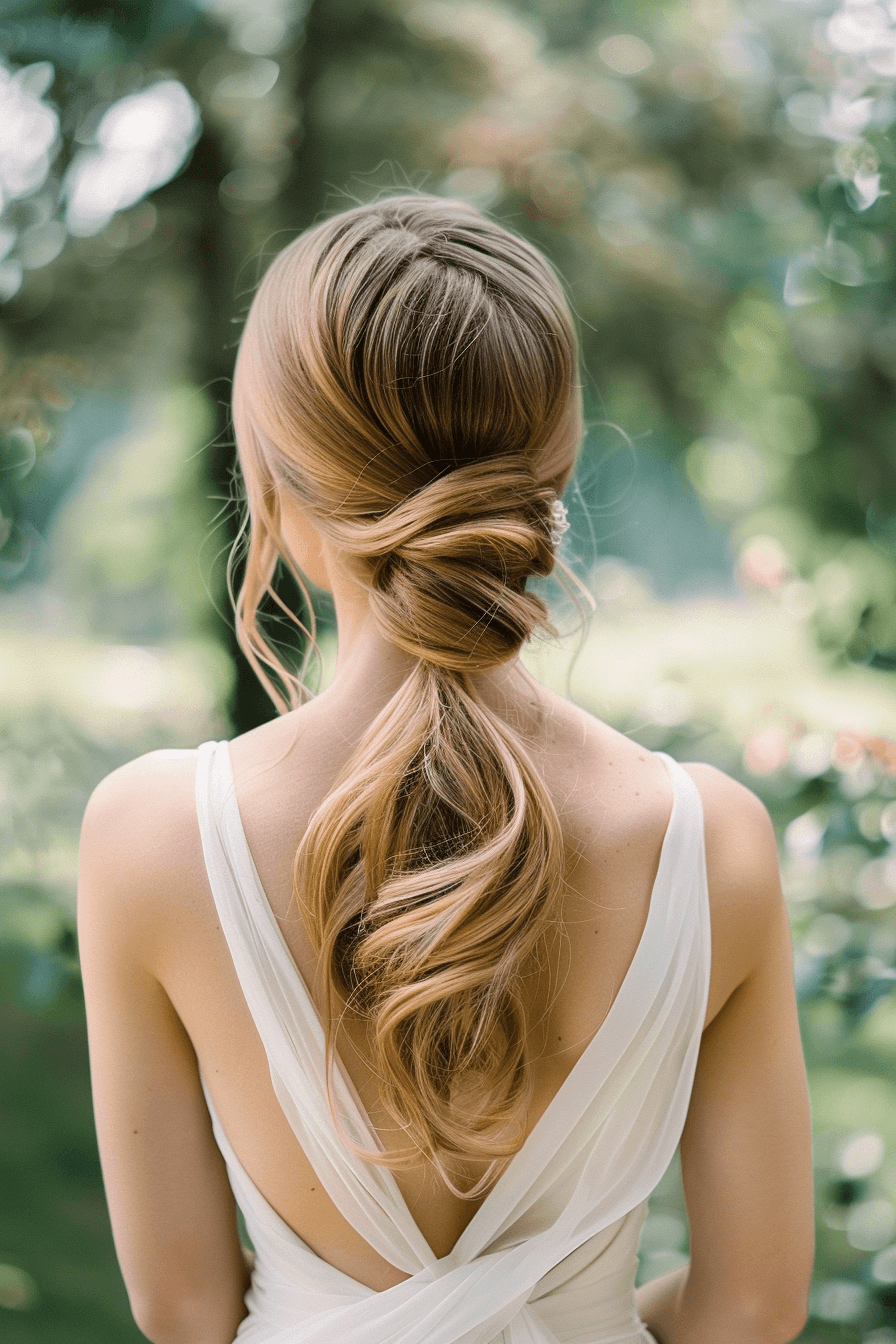 Low ponytail wedding guest hairstyle, minimal and modern look