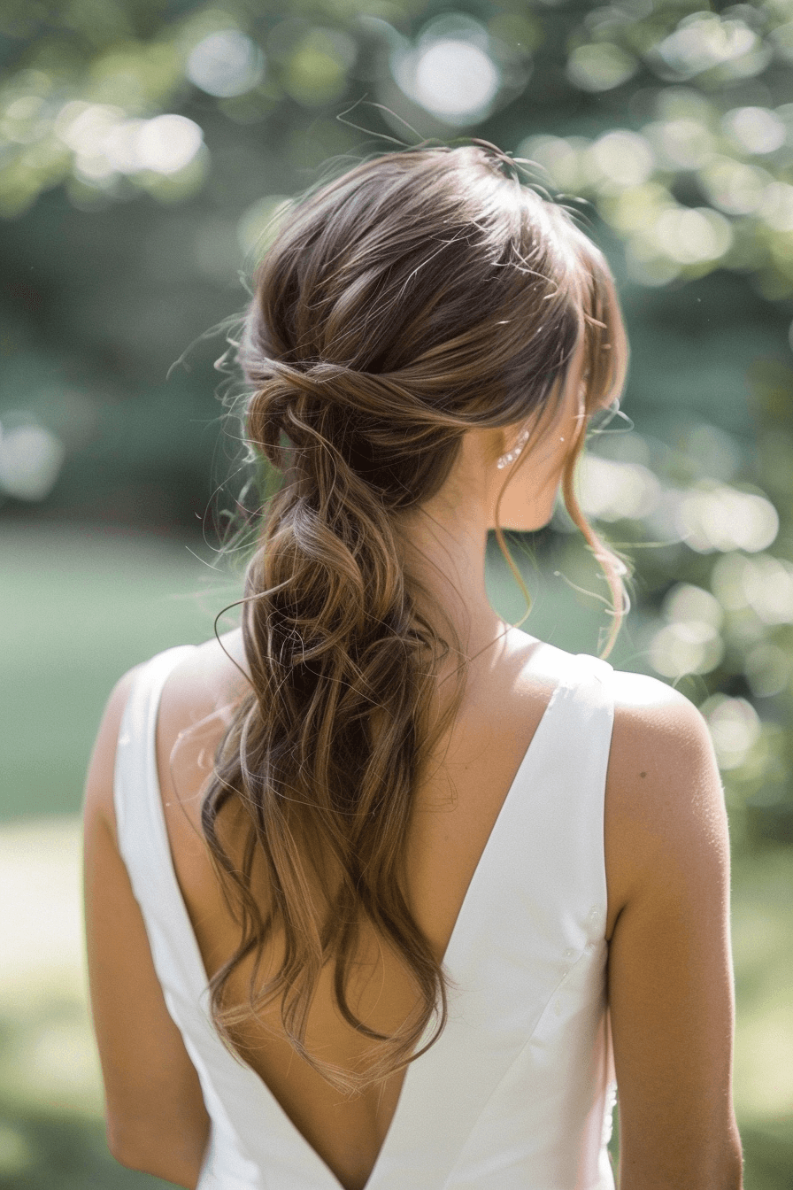 Low ponytail wedding guest hairstyle with volume, soft and balanced