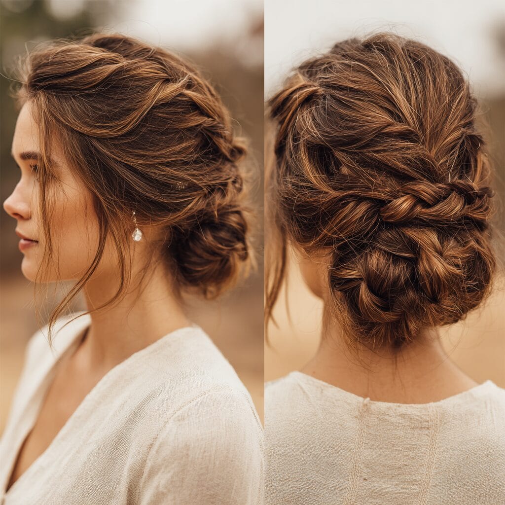 Messy textured low bun wedding hairstyle with boho vibe