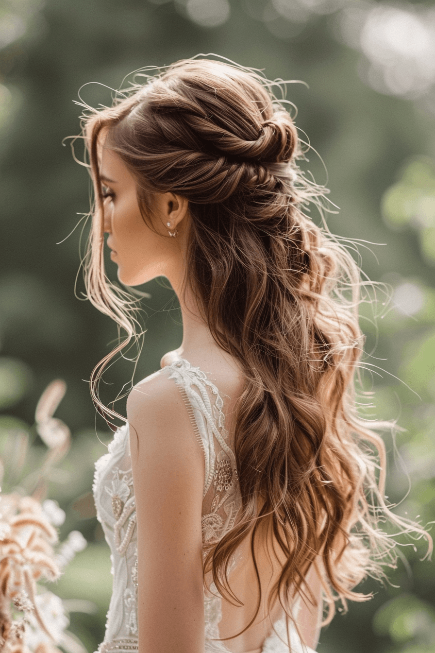 Natural wavy bridal hairstyle for long hair, soft and effortless