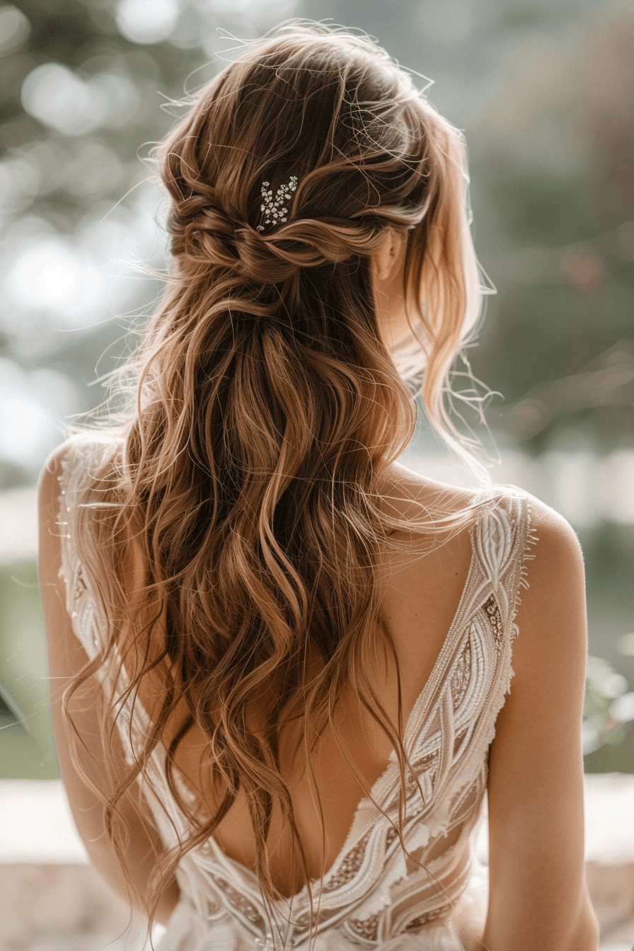 Natural wavy bridal hairstyle for long hair, defined and flowing