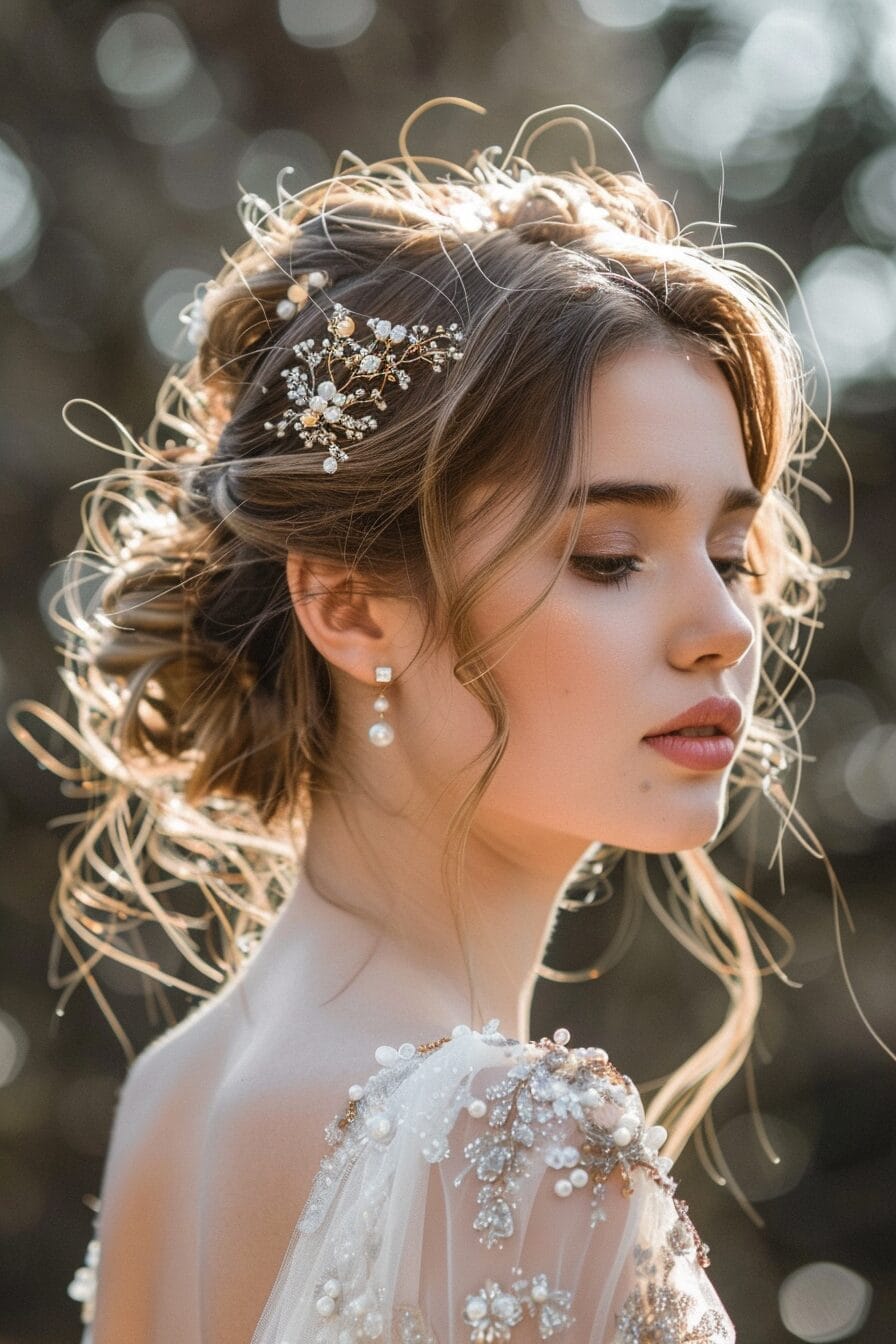 Bridal hairstyle for round face with elegant accessories, creating a slimmer look