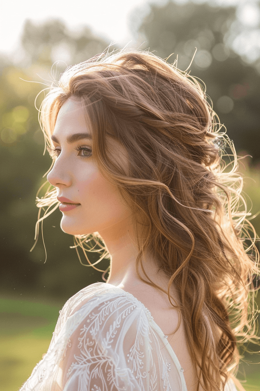 Relaxed wavy wedding guest hairstyle, natural movement and texture