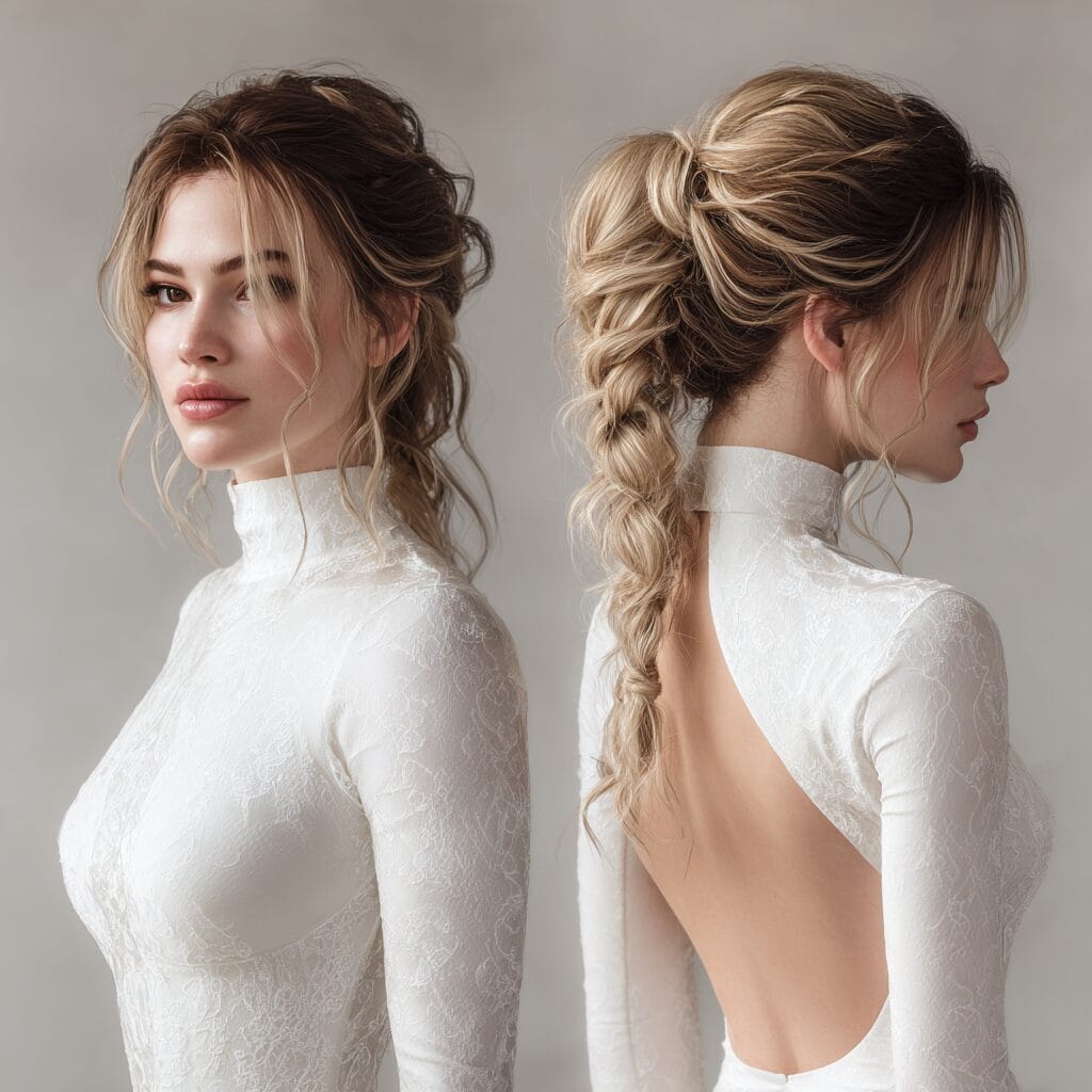 Textured braided ponytail wedding hairstyle with volume