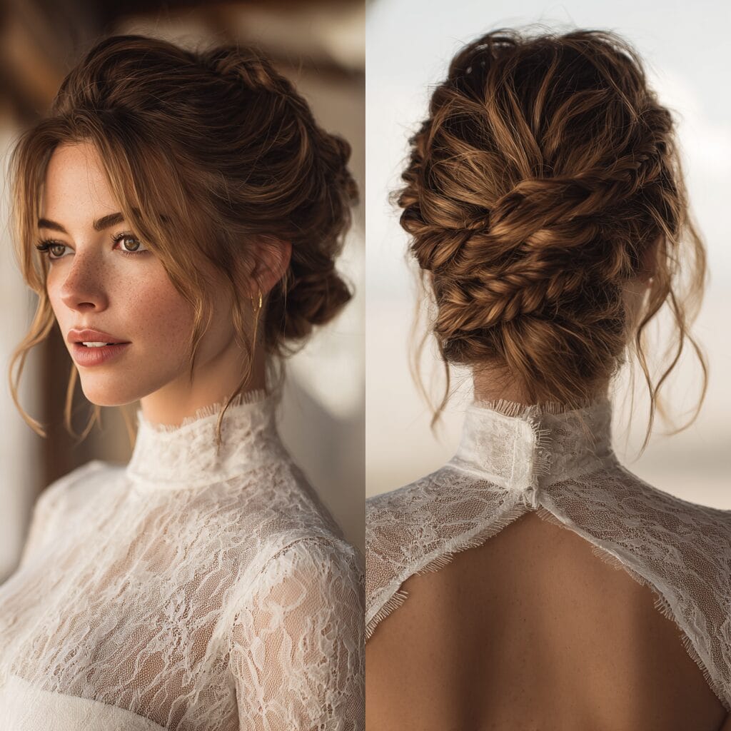 Twisted low bun wedding hairstyle with elegant structured design