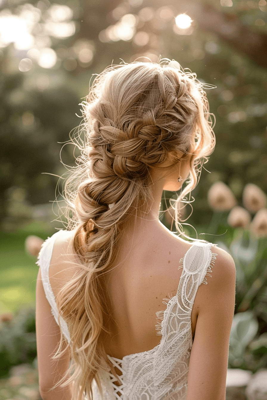 Loose boho braid bridal hairstyle for long hair, relaxed and romantic