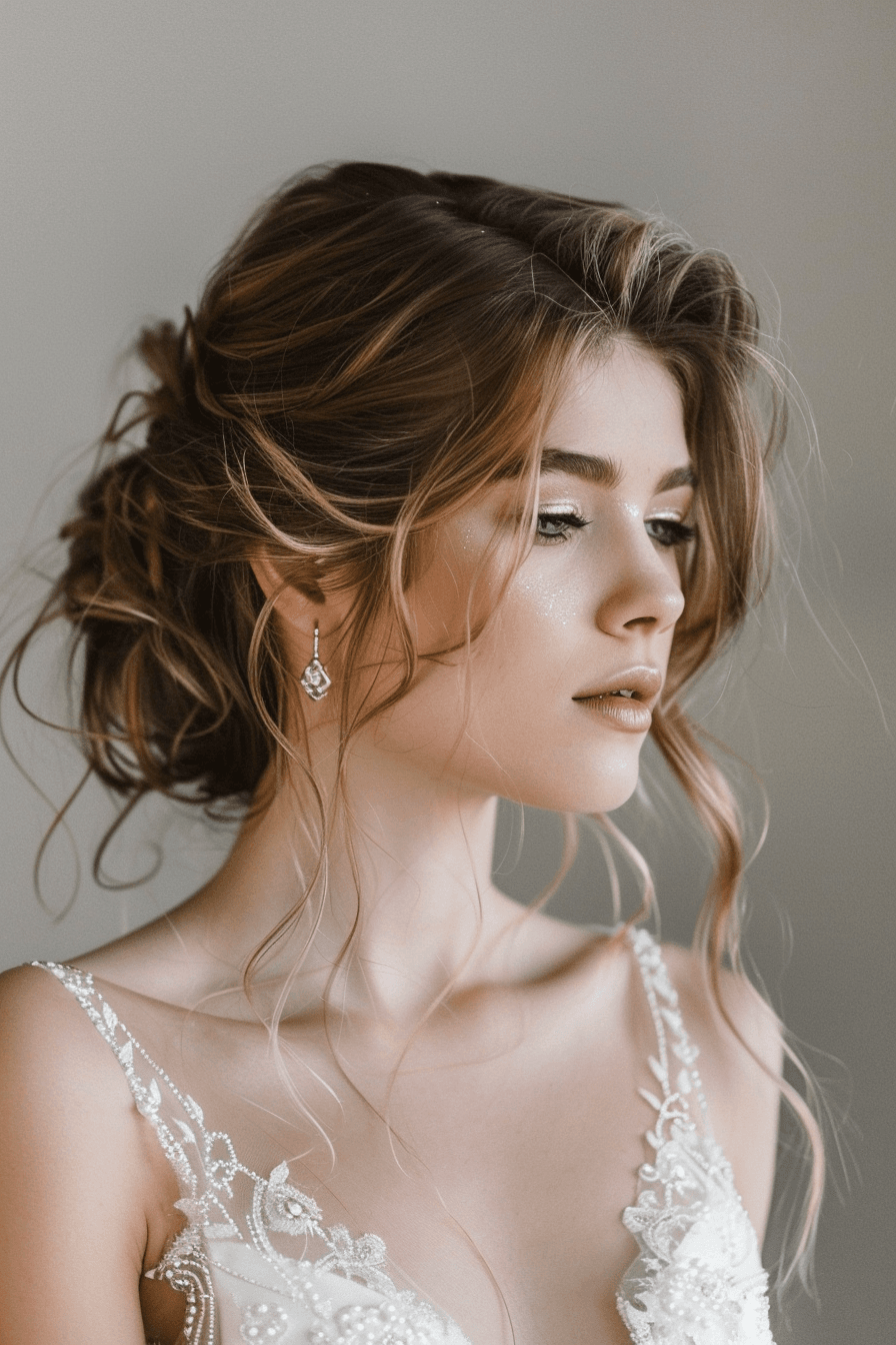 Side swept bridal hairstyle for thick hair, elegant volume control and texture