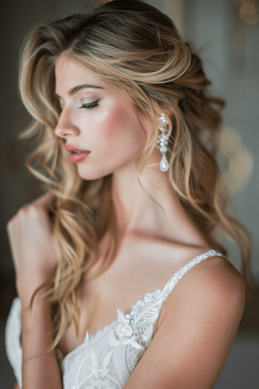 Side swept wavy bridal hairstyle, elegant soft waves with volume