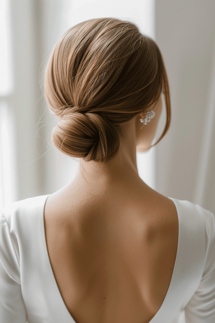 Sleek low bun bridal hairstyle for straight hair, ultra polished finish