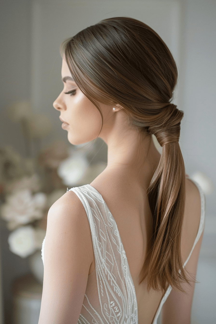 Elegant low ponytail hairstyle for straight hair bride, clean and minimal
