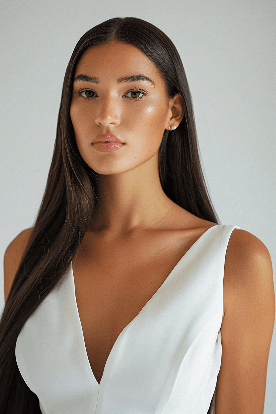 Sleek straight bridal hairstyle for long hair, minimal and polished