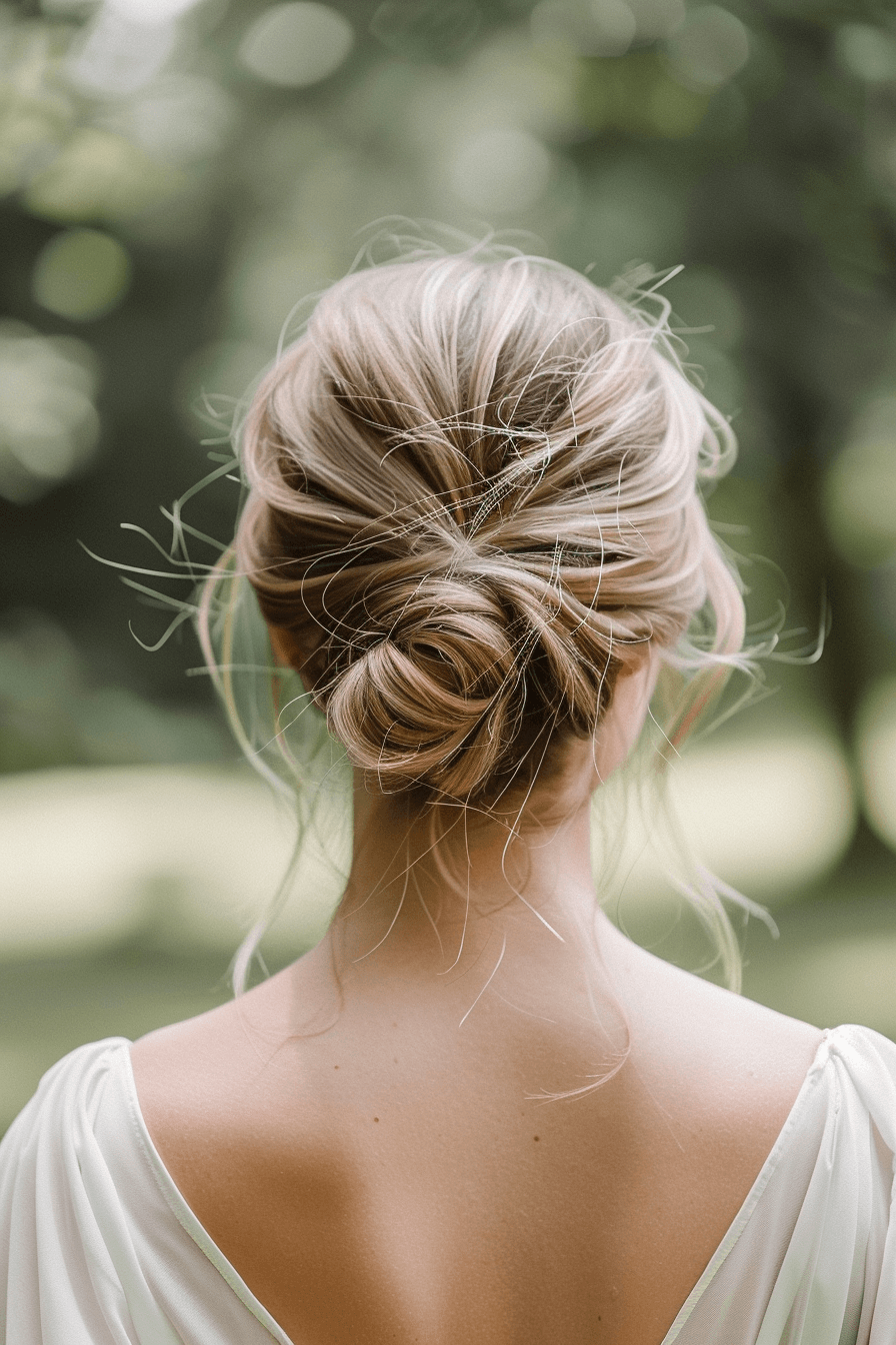 Soft low updo wedding guest hairstyle, simple and elegant