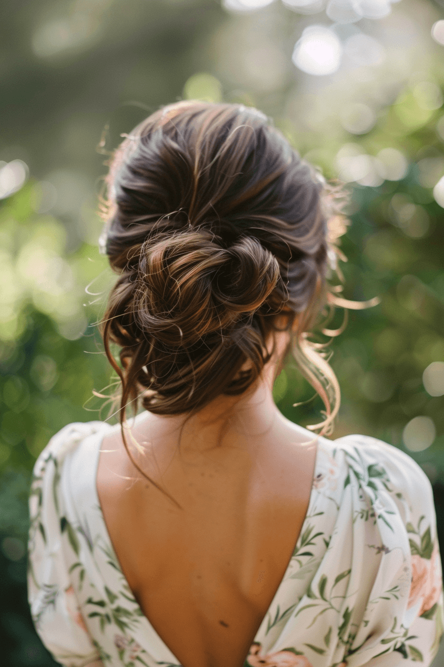 Soft low updo wedding guest hairstyle, elegant and slightly messy look