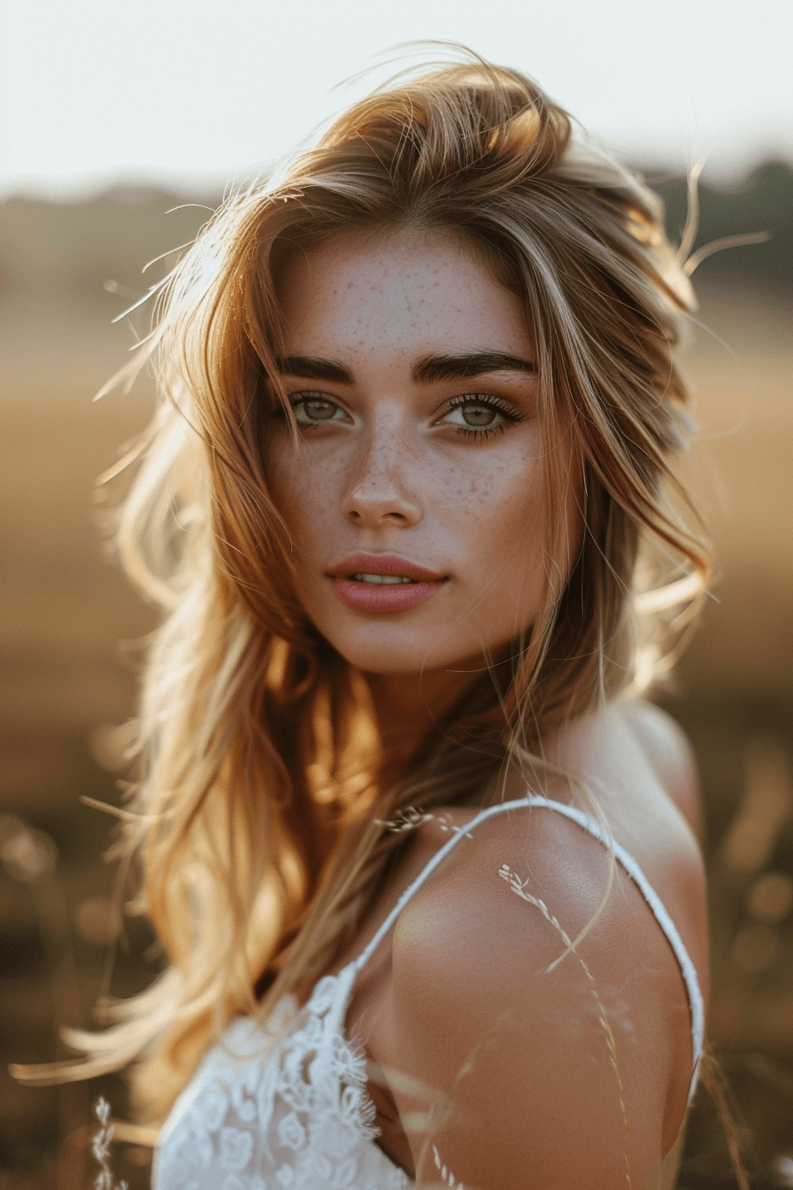 Straight bridal hairstyle with center part, soft natural flowing look