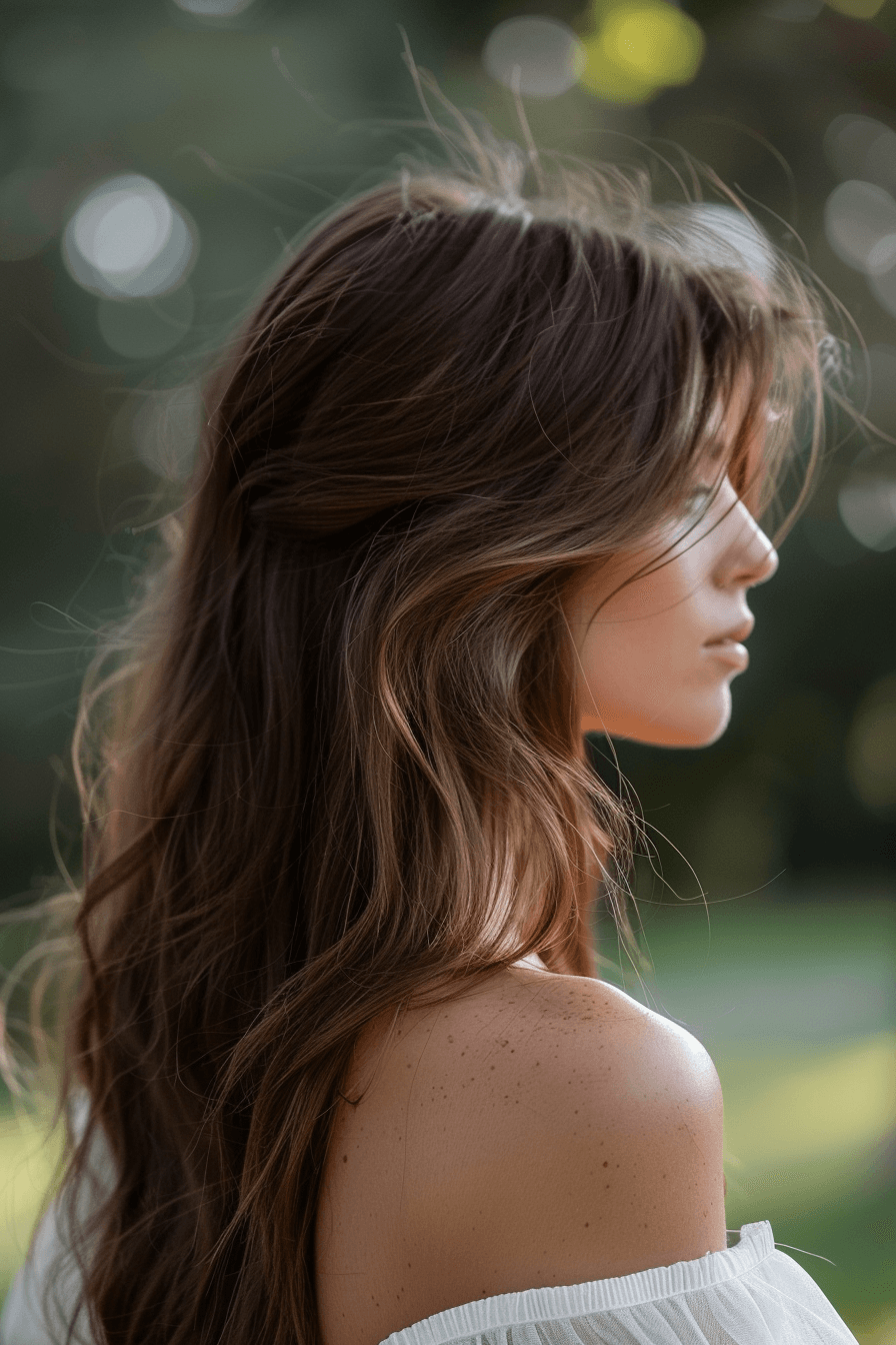 Straight hair bridal hairstyle with soft layers, natural and effortless look