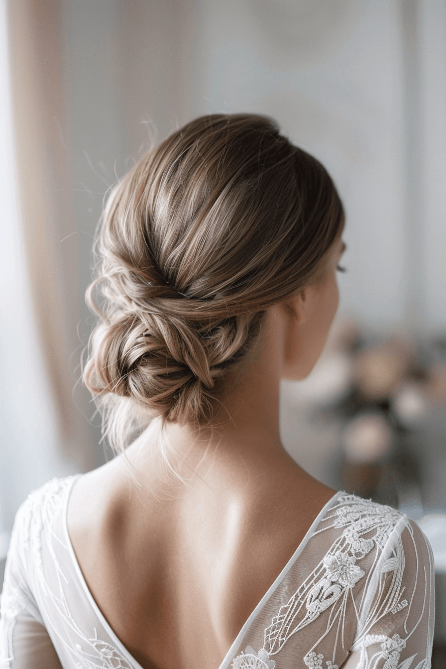 Thick hair bridal hairstyle with balanced volume, soft and elegant updo