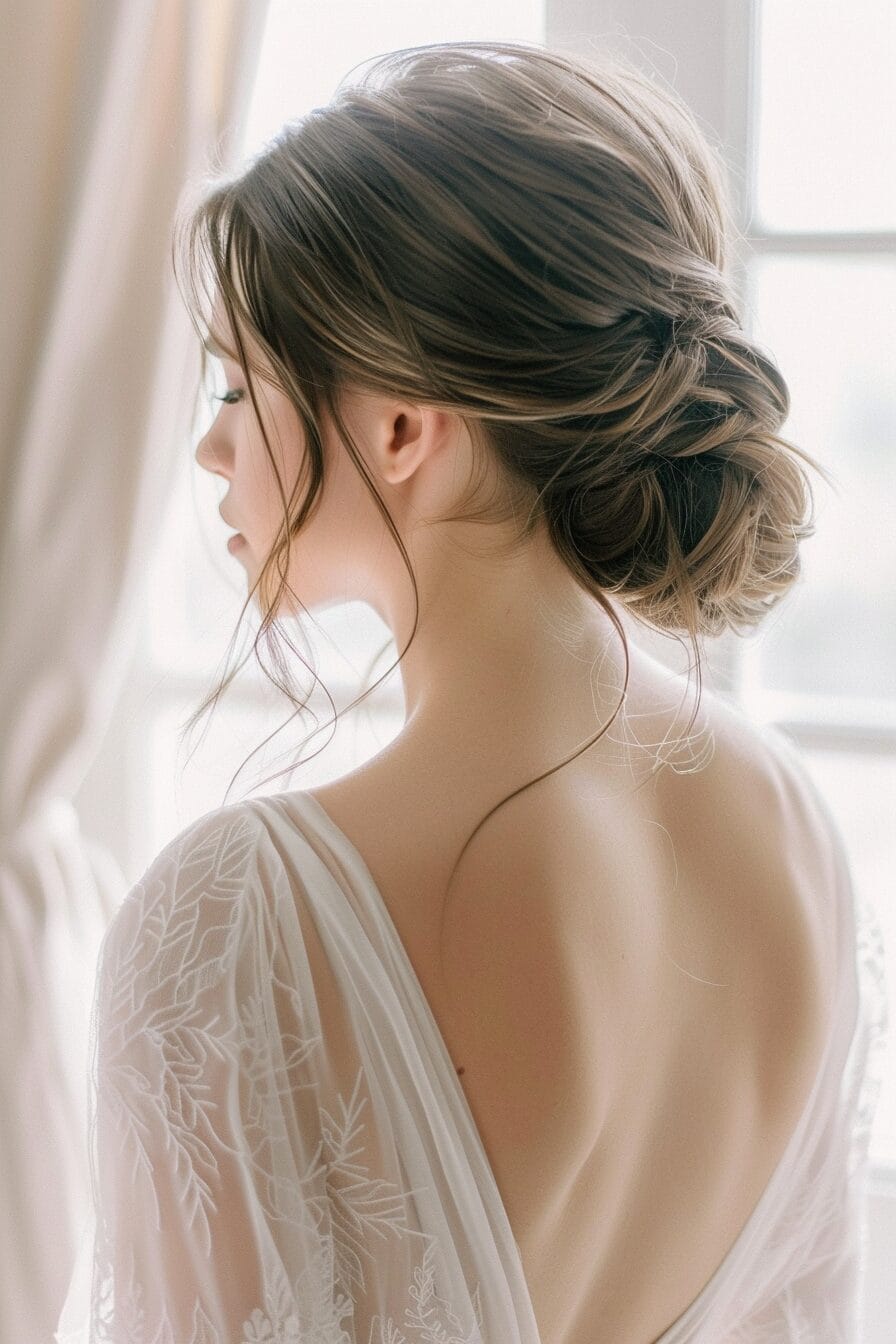 Textured low bun wedding hairstyle with soft volume and elegant finish