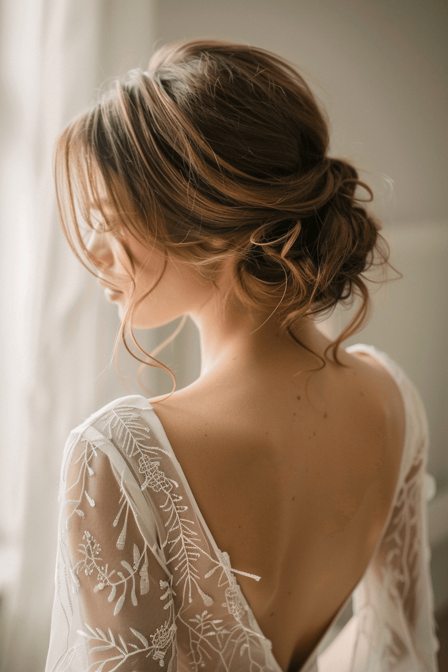 Textured low bun bridal hairstyle for long hair, soft and modern