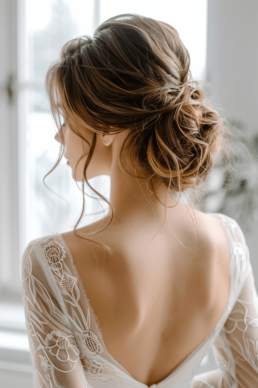 Side swept bridal hairstyle for thin fine hair, elegant soft volume