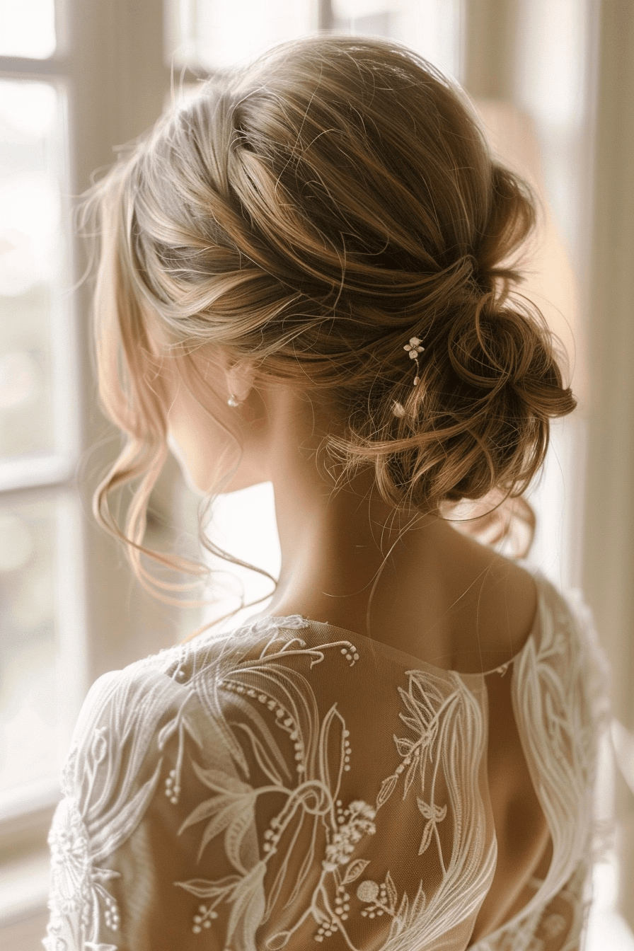 Textured low bun bridal hairstyle for wavy hair, soft and romantic updo