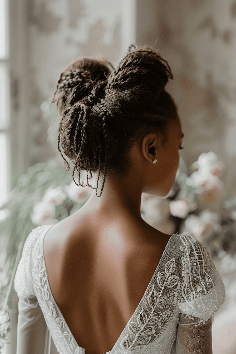 Twisted braided updo bridal hairstyle for coily hair, elegant back view