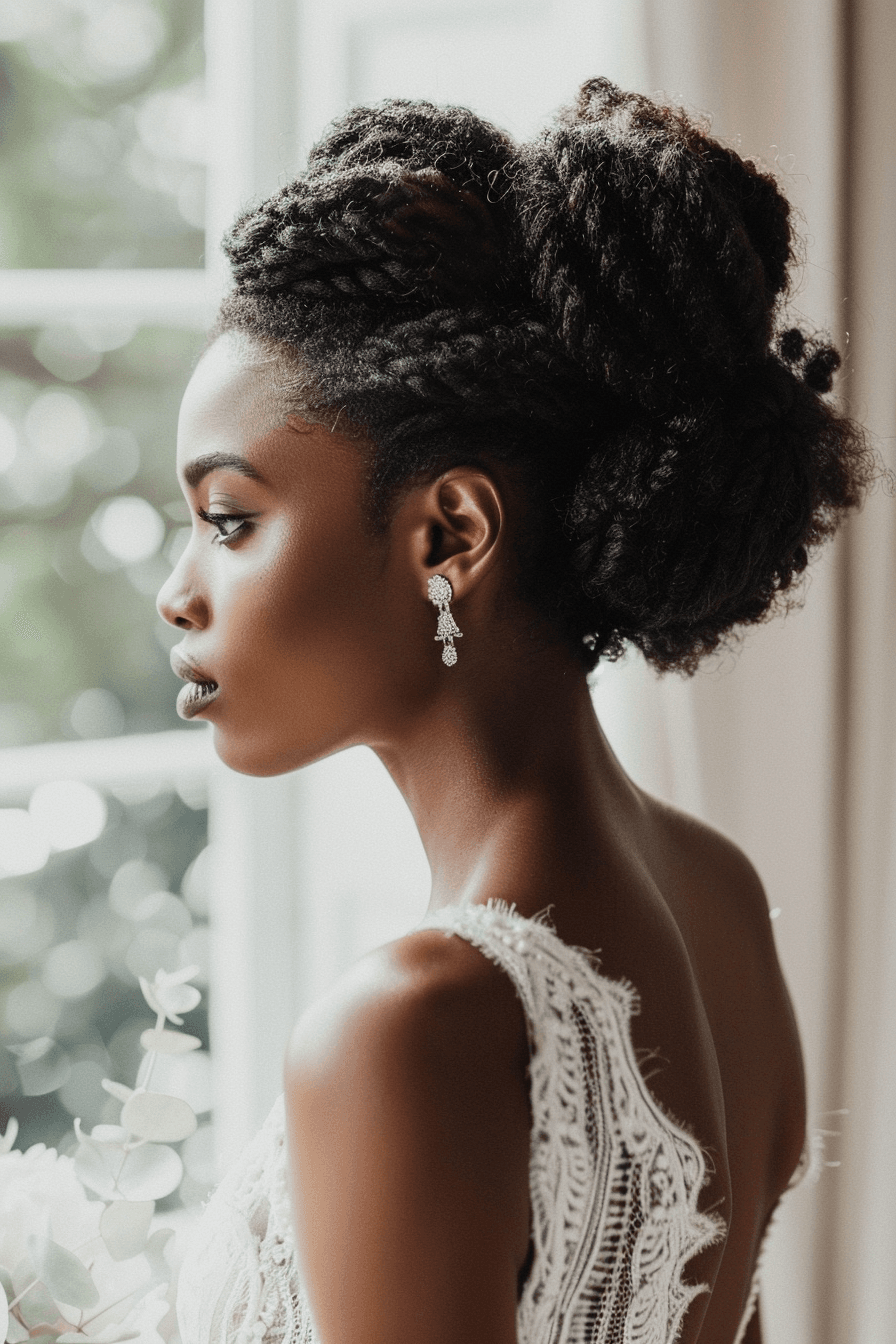 Twisted updo bridal hairstyle for coily hair, elegant structured curls