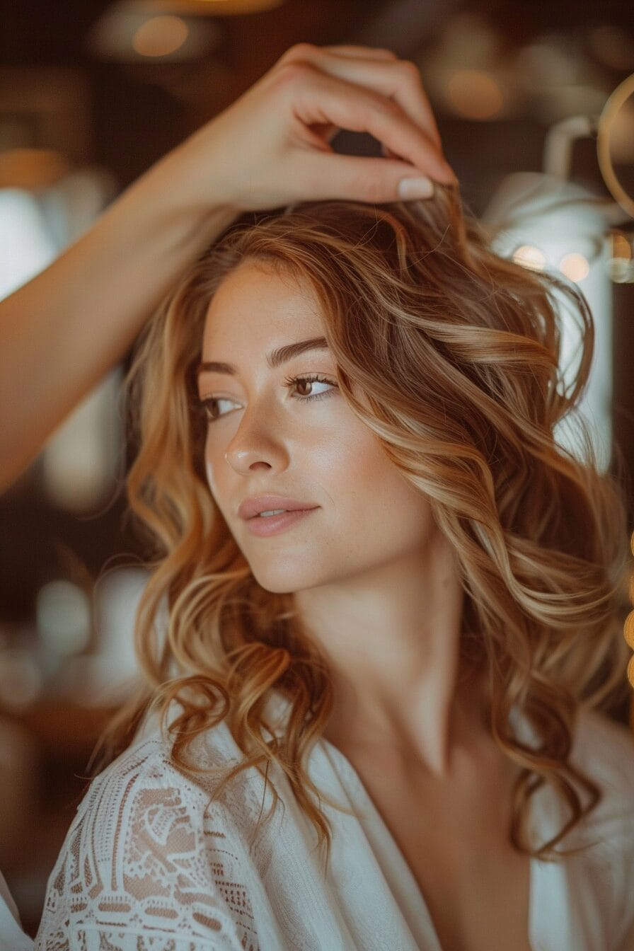 Probefrisur Braut mit weichen Wellen, ideal für eckige Gesichtsform