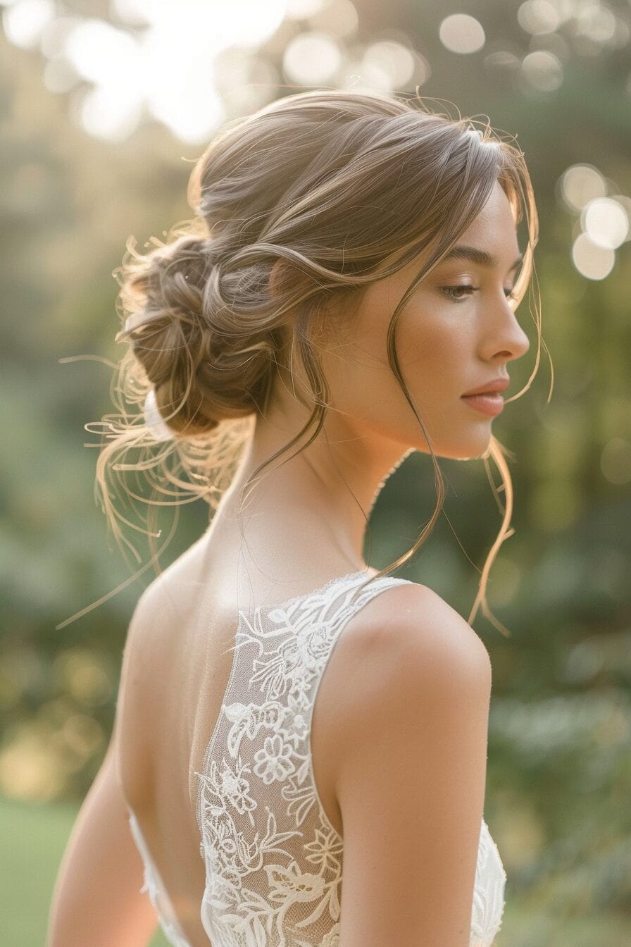 Soft bridal updo for outdoor wedding, loose strands for natural movement