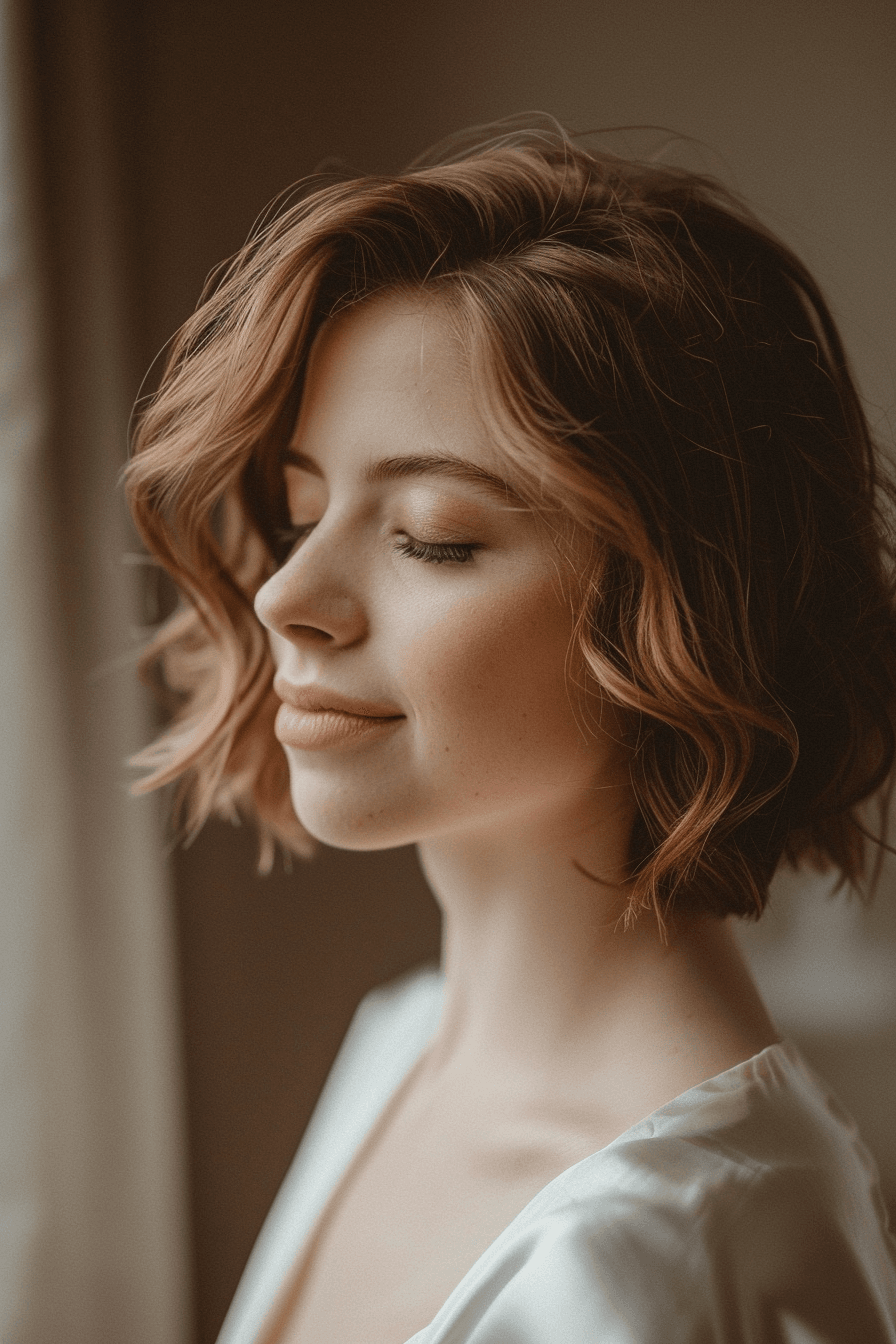 Short textured bridal hairstyle, modern and softly layered finish