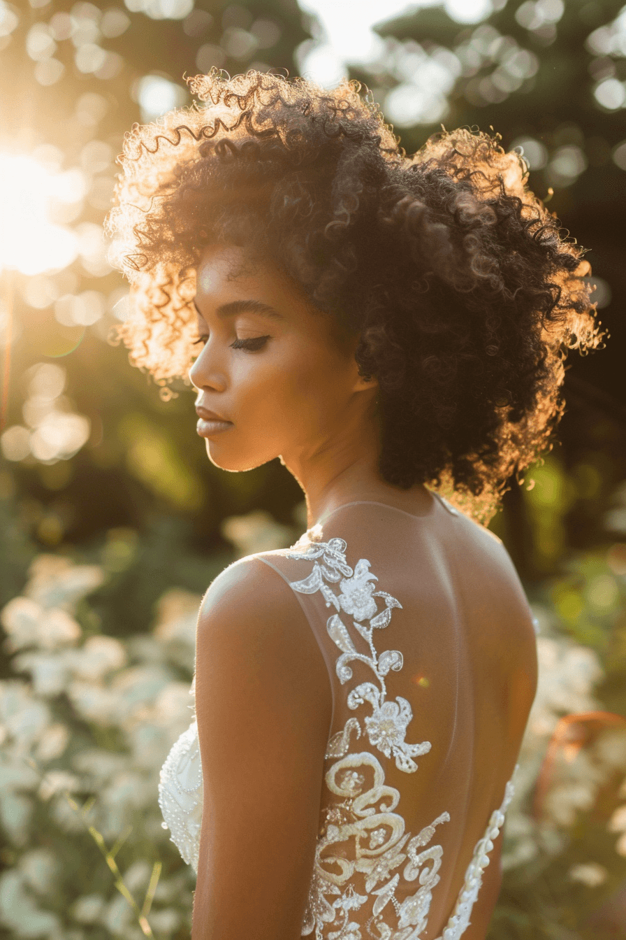Elegant bridal hairstyle for coily hair, natural curls in outdoor setting