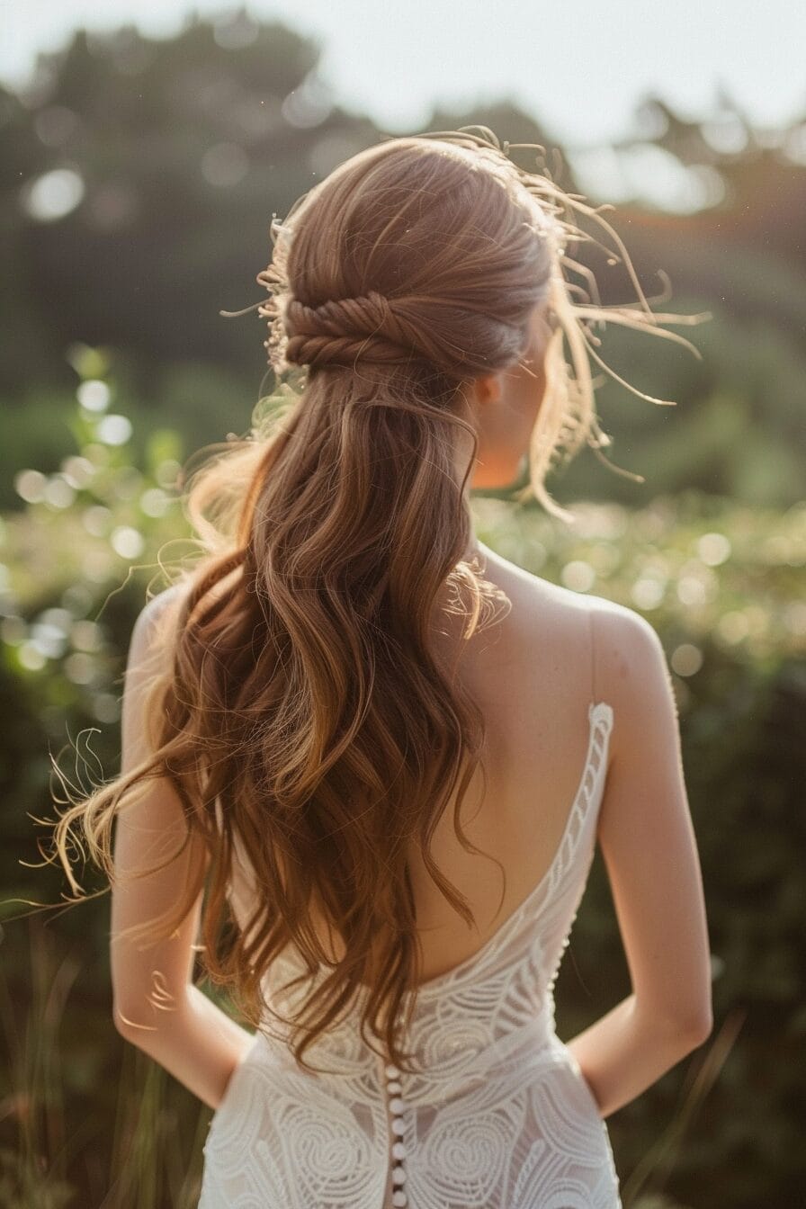 Lange fließende Brautfrisur für umgekehrte Dreiecksform, verleiht Breite und weiche Konturen