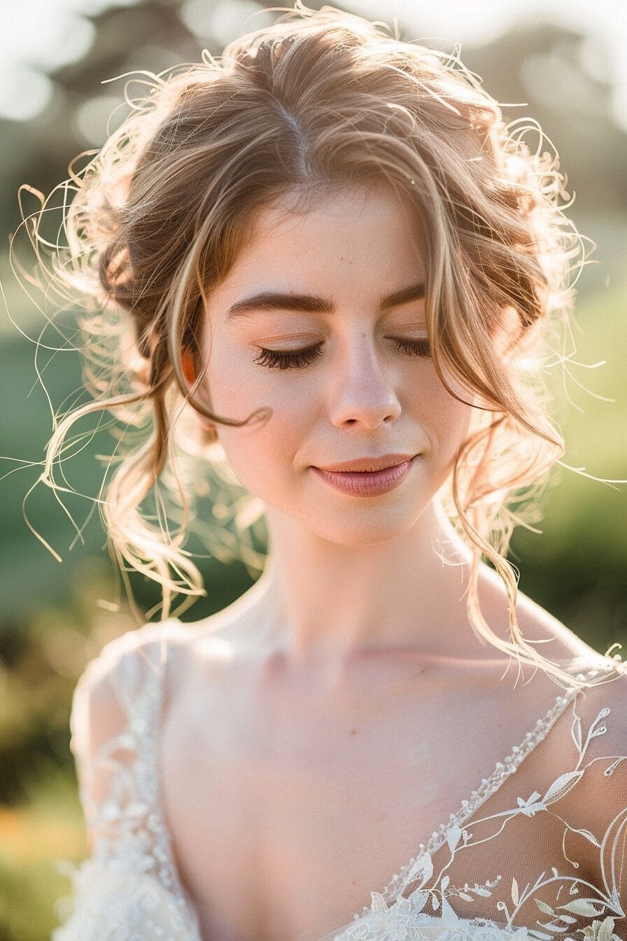 Bridal hairstyle for square face shape, softening strong jawline with texture