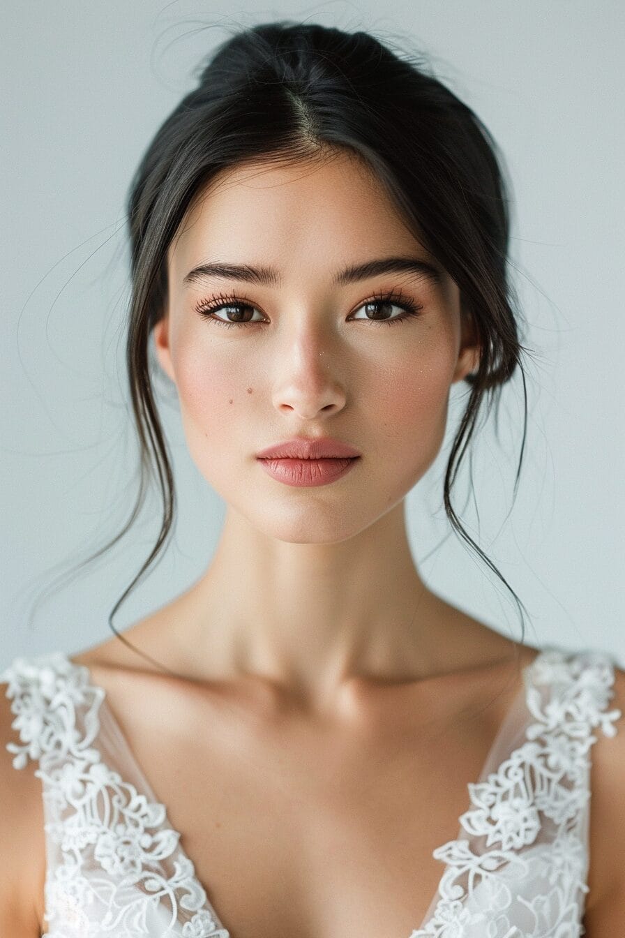 Glatte Brautfrisur für eckige Gesichtsform, modern und minimalistisch