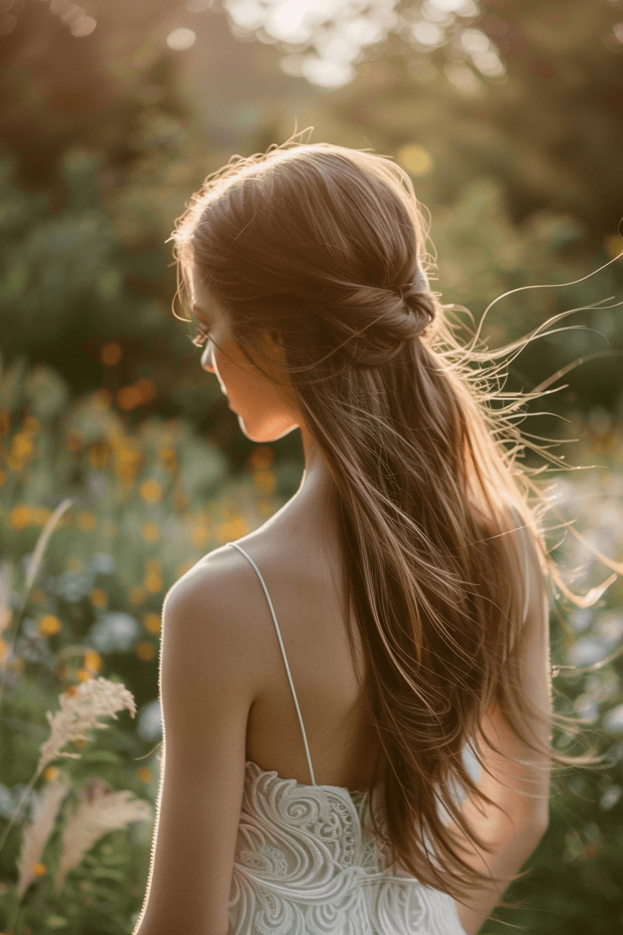 Sleek bridal hairstyle for straight hair, smooth texture and polished finish