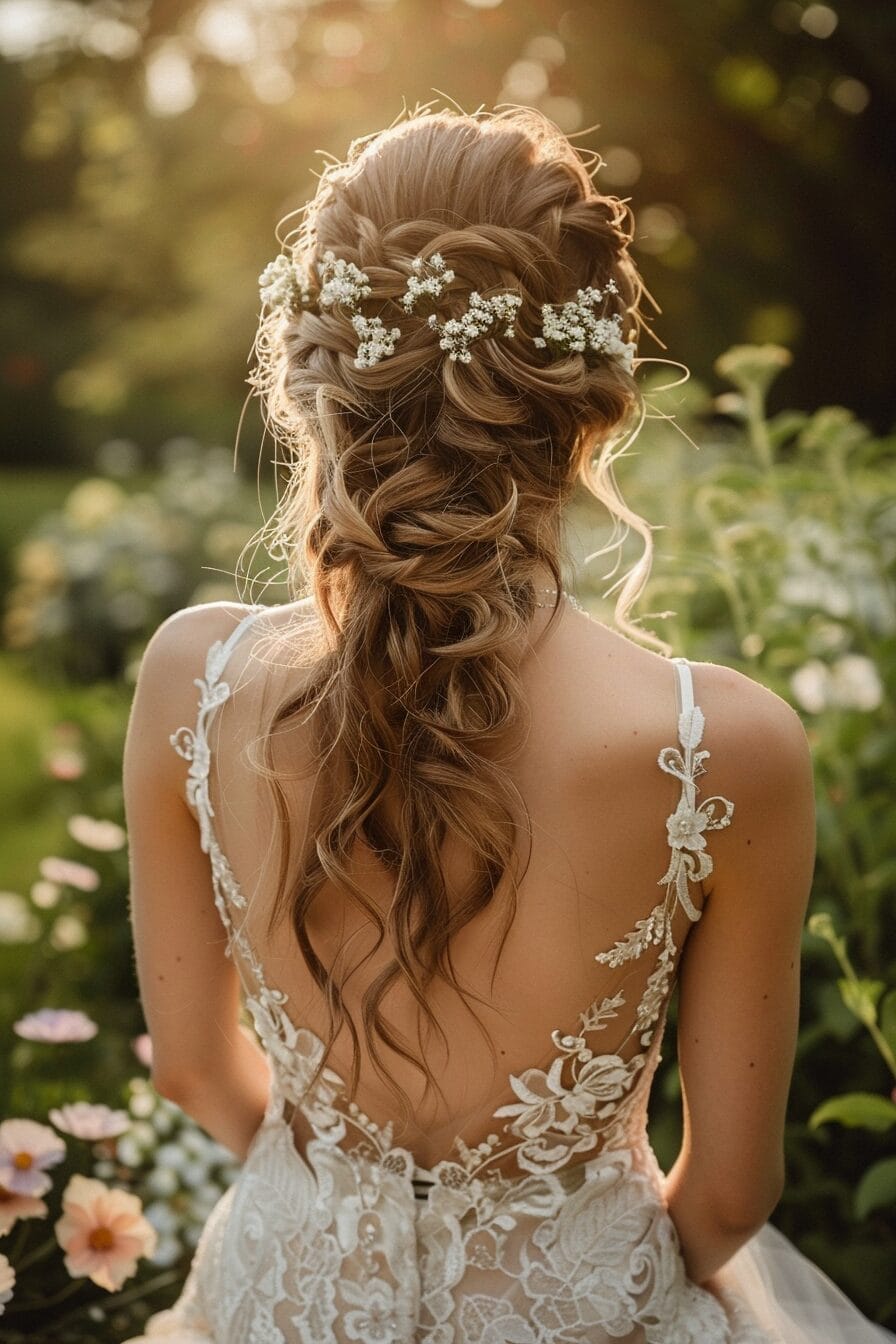 Voluminöse Brautfrisur für Dreiecksform, gleicht breite Kieferpartie aus